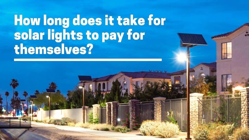 Solar lights being installed with visible cost comparison chart showing installation costs versus projected energy savings over time