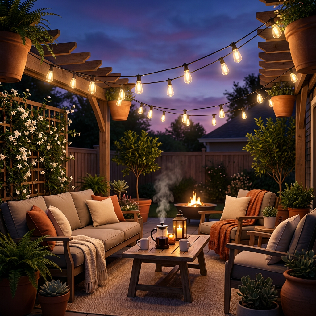 Warm decorative string lights suspended above a garden seating area at dusk