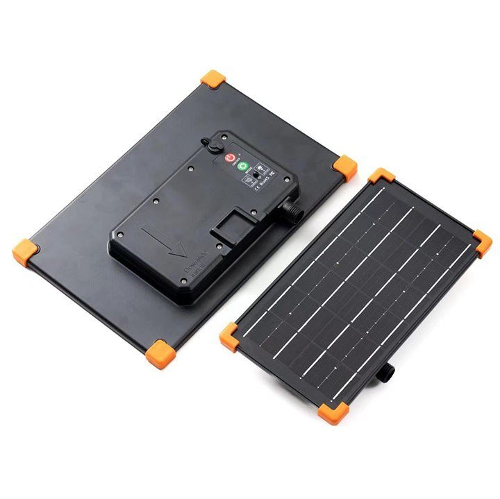 Solar control box with integrated panel, front and rear views