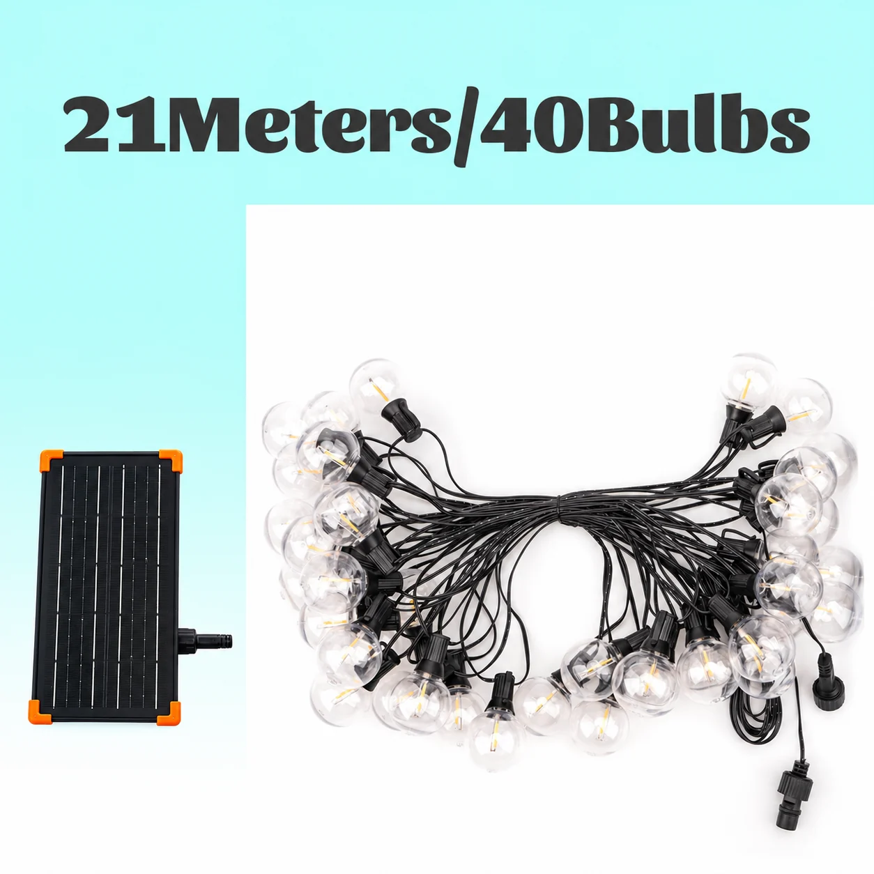 Couleelight G40 configuration illustration labeled 21 meters and 40 bulbs, with a black solar control box and orange corners