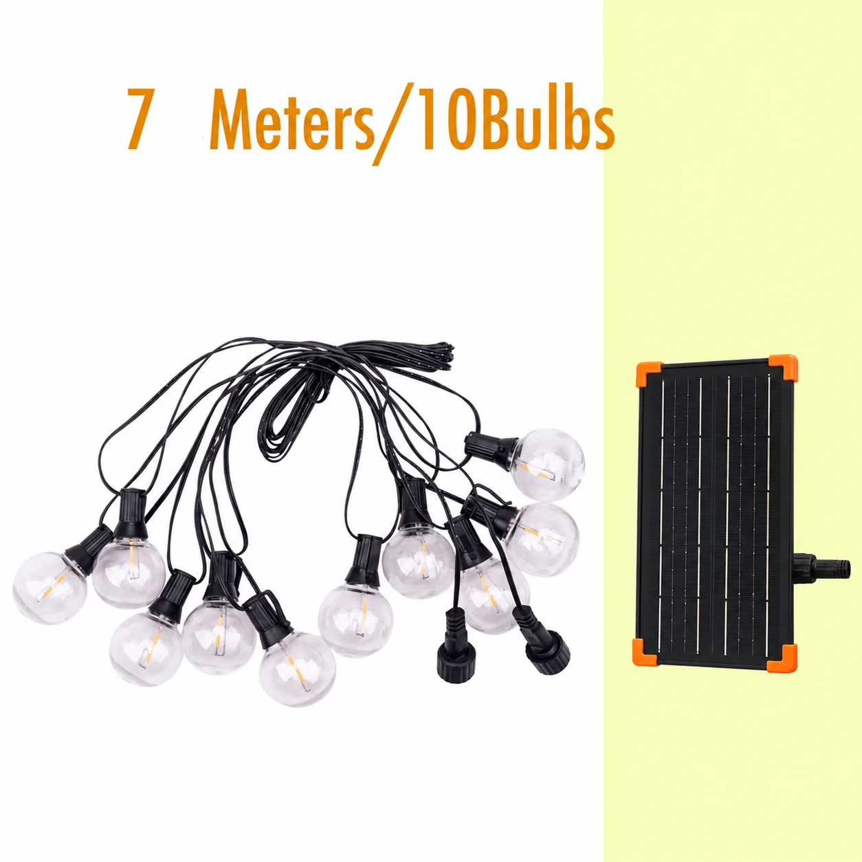 Couleelight G40 configuration illustration labeled 7 meters and 10 bulbs, with a black solar control box and orange corners