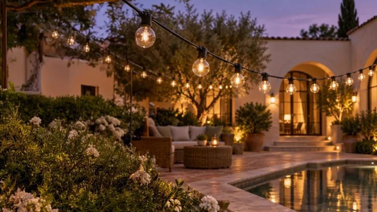 Globe string lights above a landscaped courtyard seating area and pool at dusk
