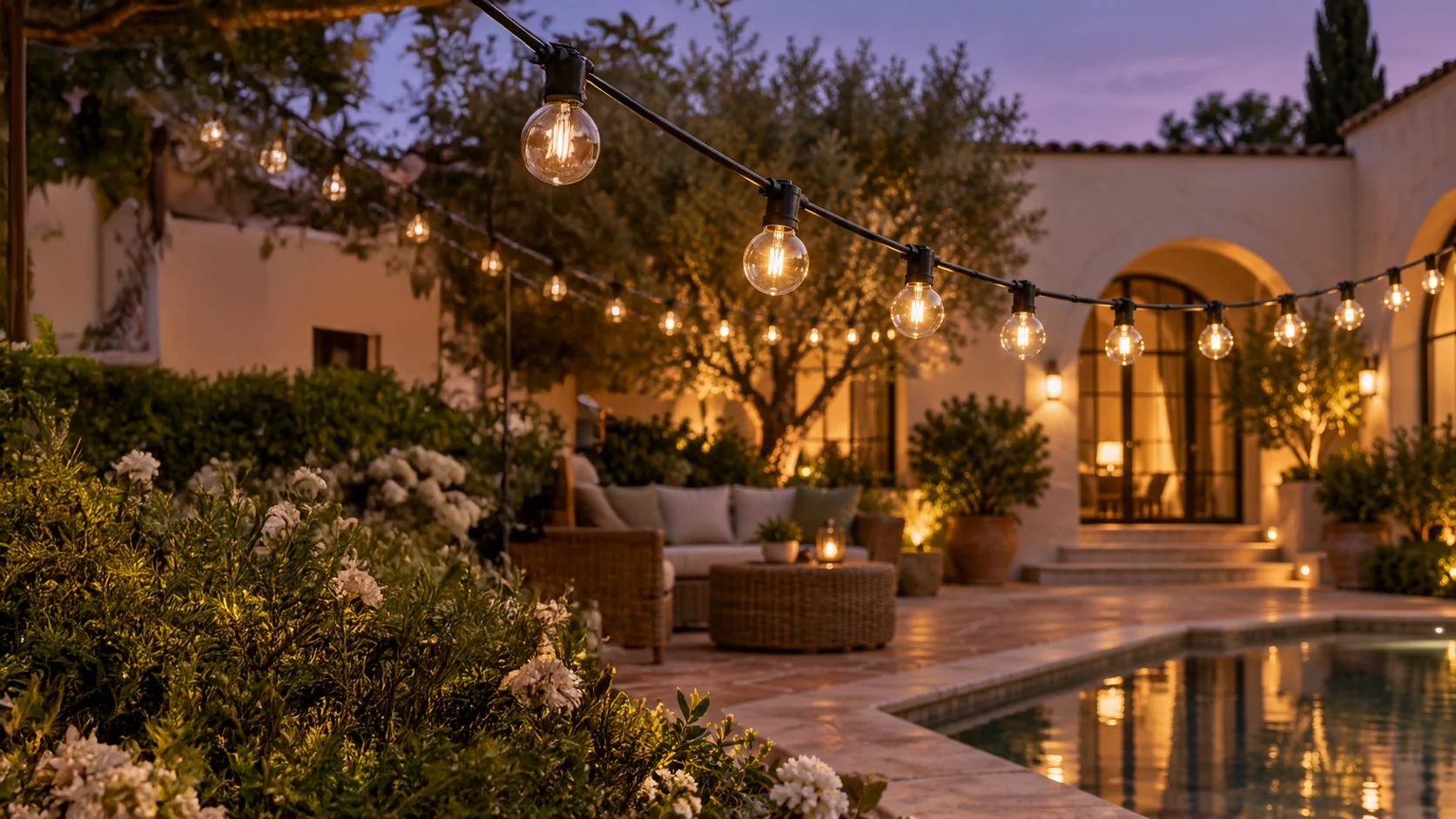 Globe string lights above a landscaped courtyard seating area and pool at dusk