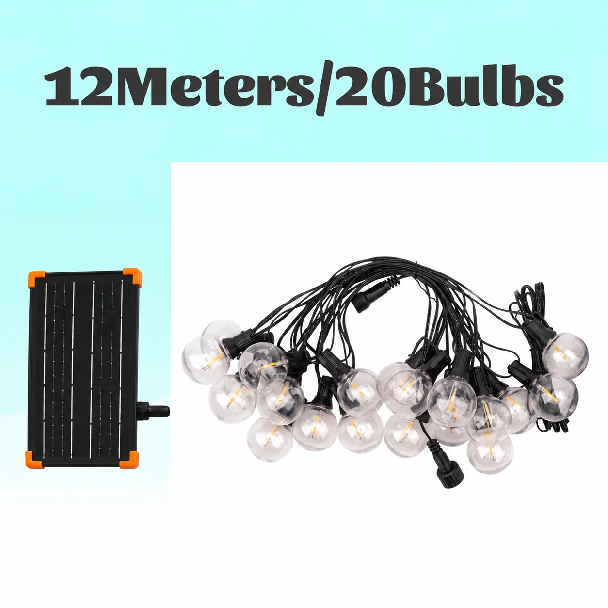 Product layout labeled 12 meters and 20 bulbs, with a black solar unit and orange corners