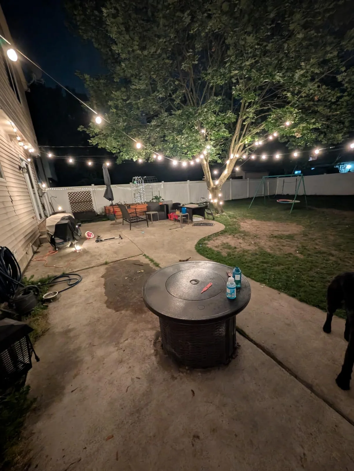 Globe string lights suspended above a backyard patio at night