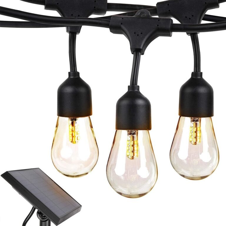 Elongated clear bulbs on a black solar string light cable, with solar panel