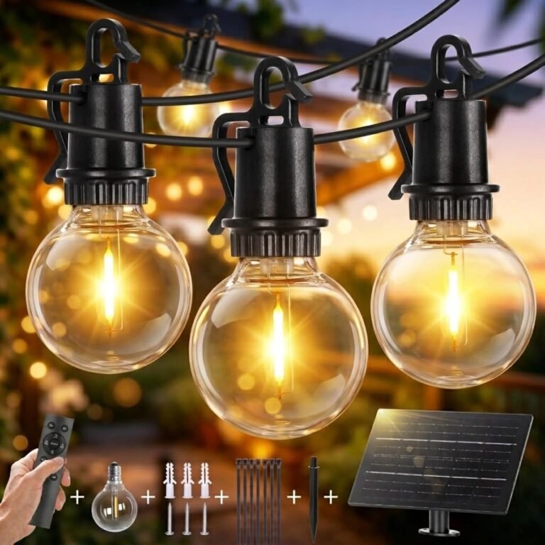 Round clear bulbs on a solar string light cable, with panel, remote and mounting accessories