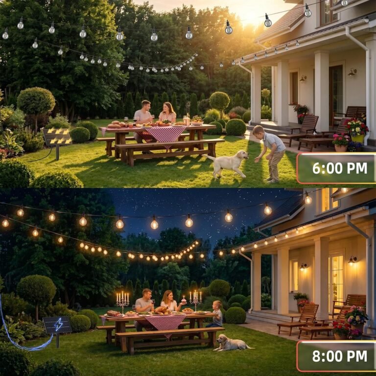 Solar string lights illuminating a garden patio at night, with solar panel charging in daylight