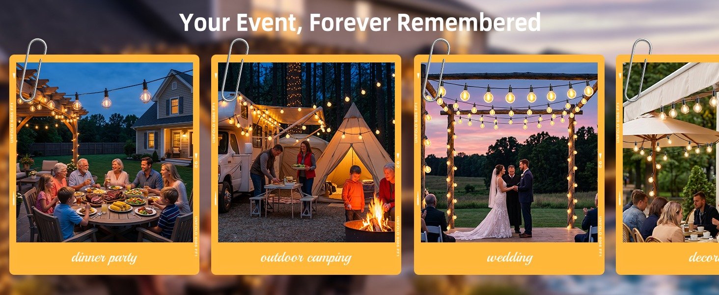 Decorative string lights used in outdoor dining, camping, and event settings