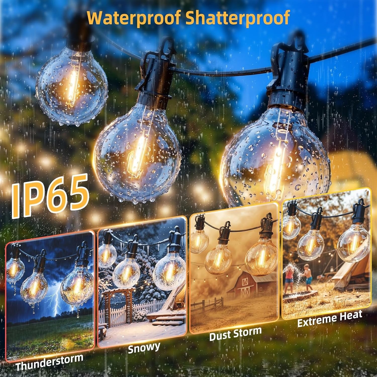 Solar string light bulbs shown in wet weather with IP65 marking