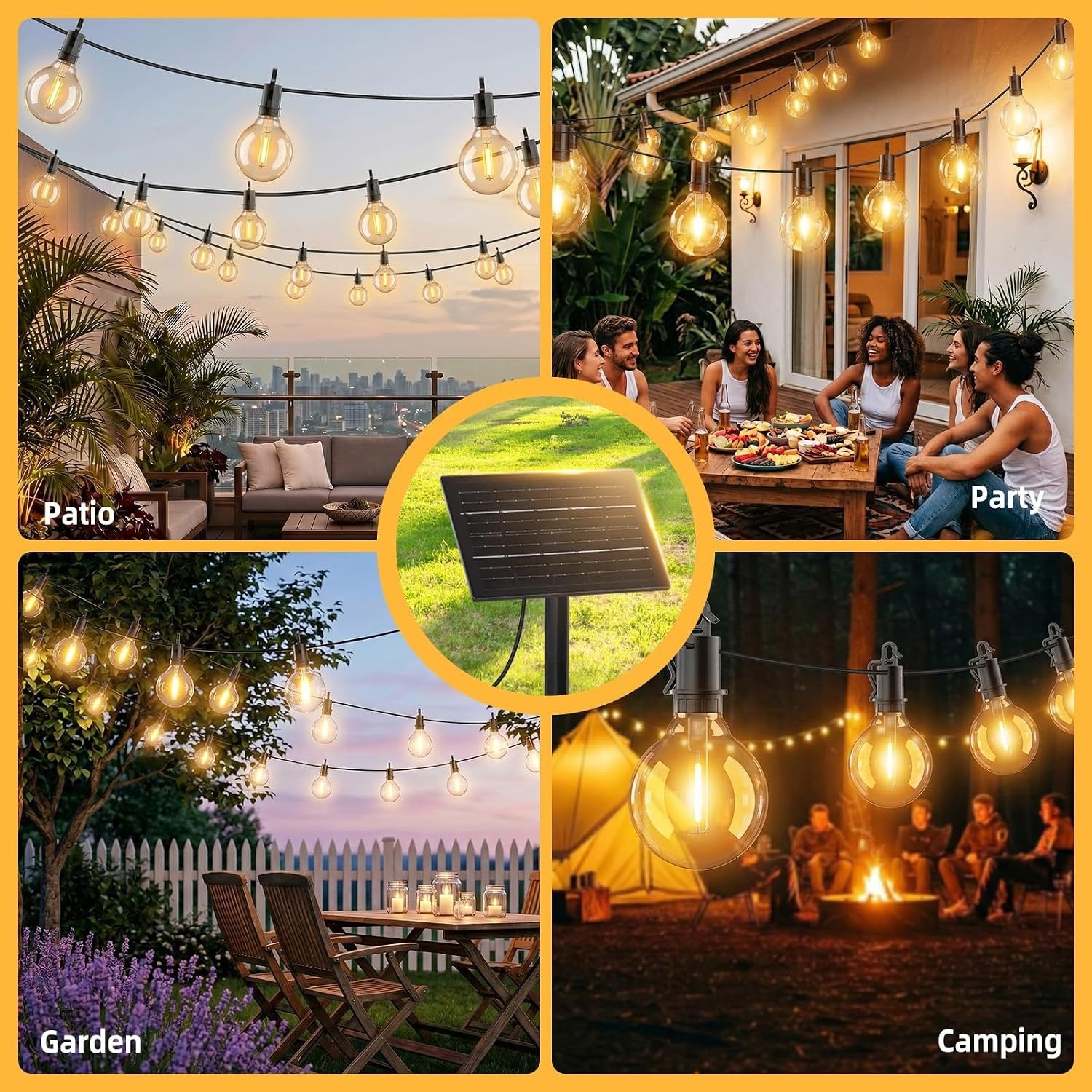 Solar string lights shown across patio, party, garden, and camping settings