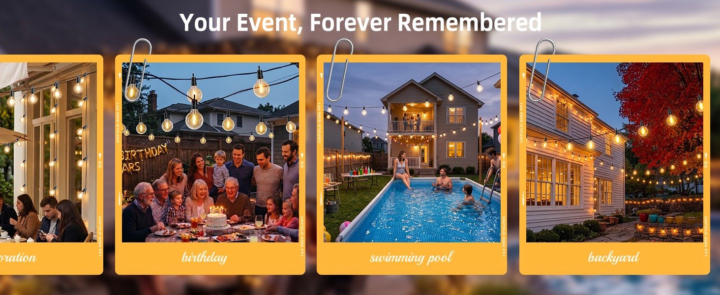 Outdoor string light scenes for dining, celebrations, and backyard use