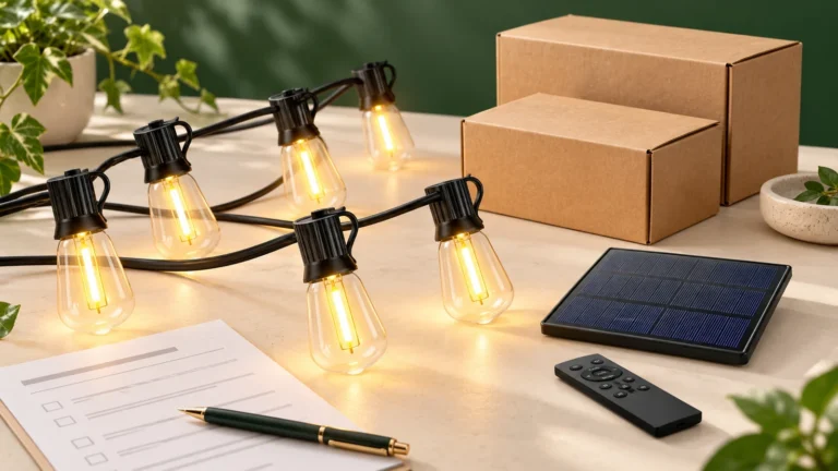 Illustrated buying desk with solar string light samples, a solar panel, remote, sample cartons and a checklist